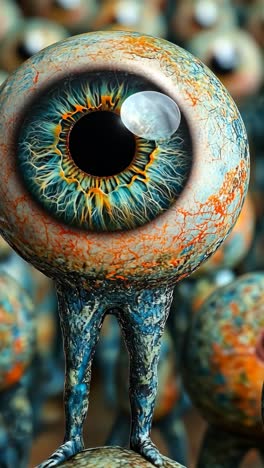 surreal depiction of a large eye character standing among smaller eyeballs