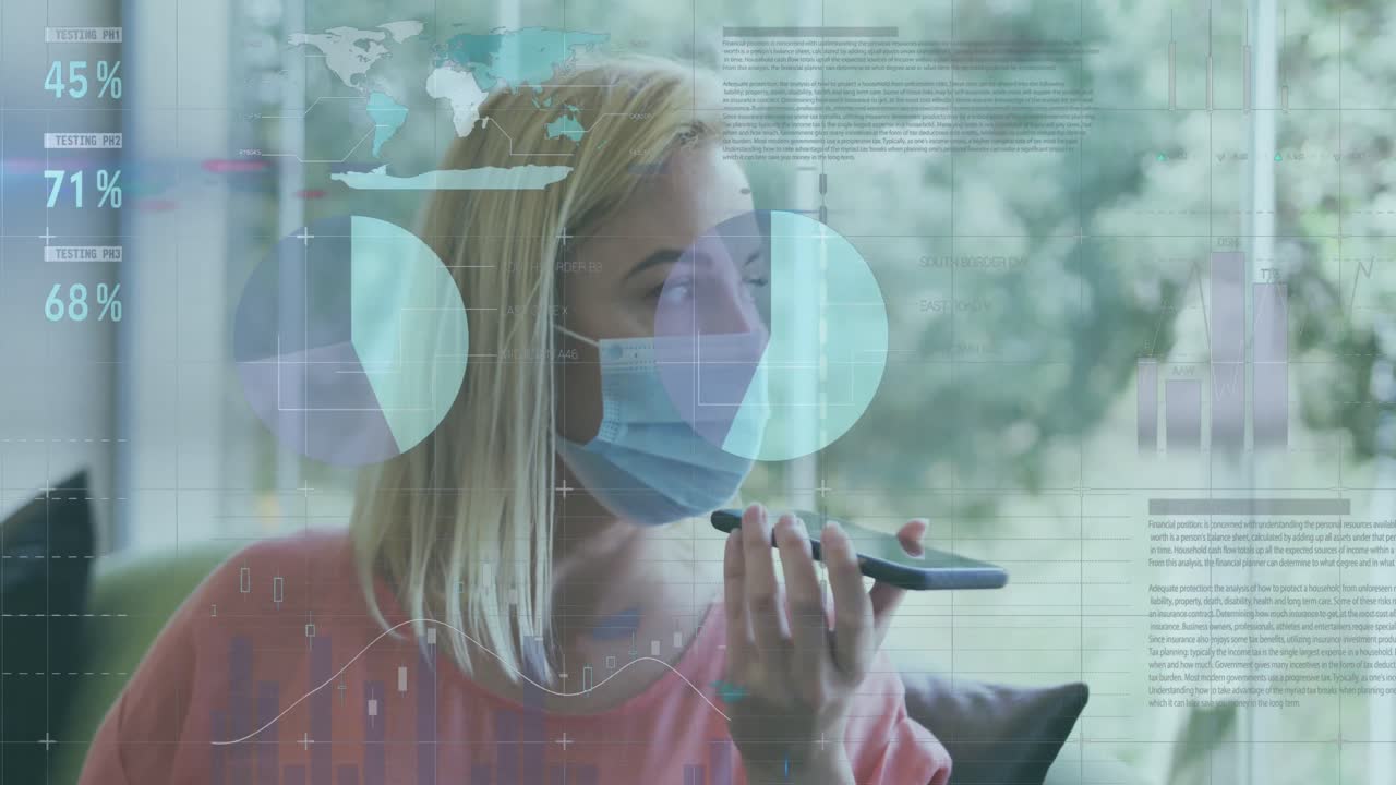 animación de procesamiento de datos sobre mujeres caucásicas que usan máscaras faciales usando teléfonos inteligentes