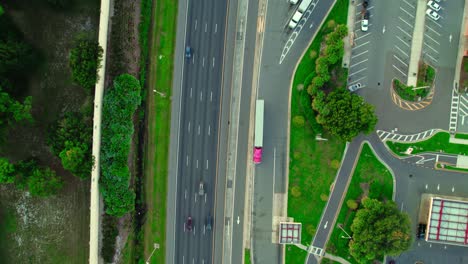 incredible top down of traffic on florida turnpike near turkey lake service plaza, orlando florida