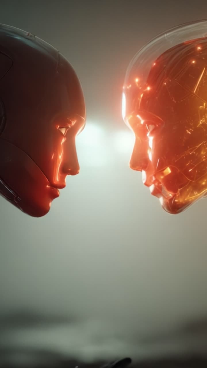 Un affascinante momento di connessione tra due robot futuristici, che mostrano emozioni e tecnologia avanzata in uno straordinario incontro visivo