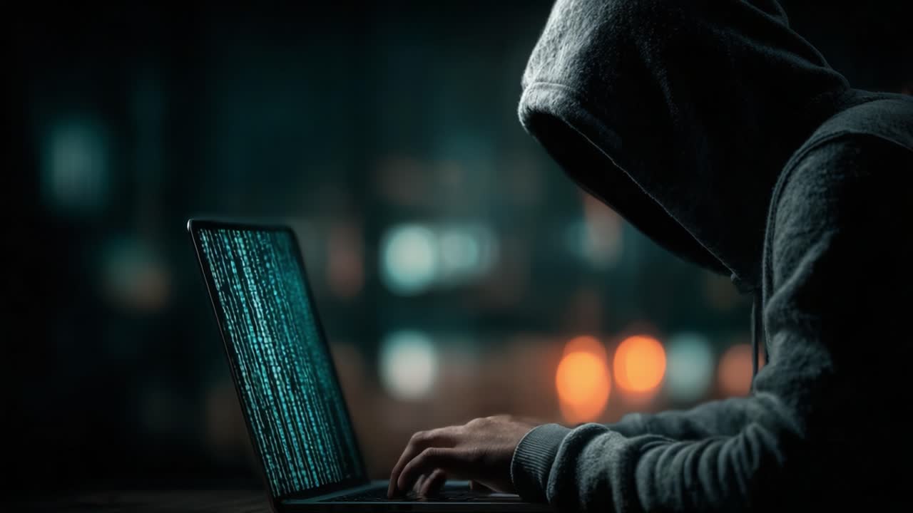 A Mysterious Individual Immersed in Code on a Laptop, Shrouded in Darkness and Focused on the Digital Realm, Reflecting a Hidden World of Cyber Intrigue and Technology