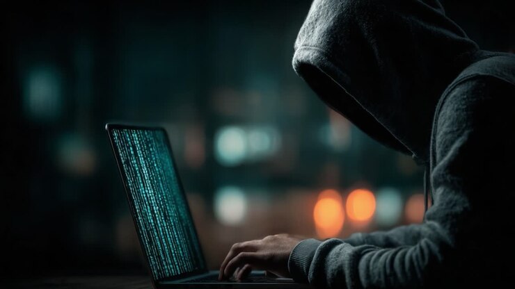 A Mysterious Individual Immersed in Code on a Laptop, Shrouded in Darkness and Focused on the Digital Realm, Reflecting a Hidden World of Cyber Intrigue and Technology