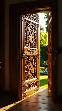 ornate wooden doorway to a garden