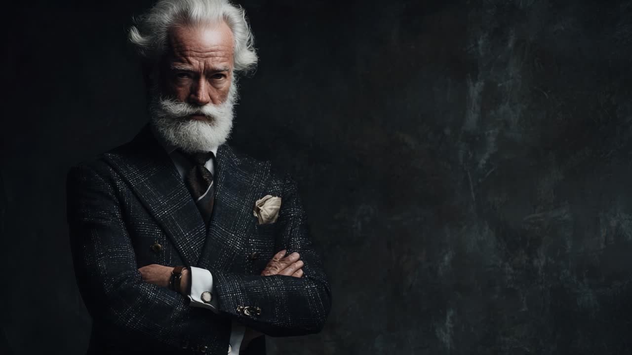 An Elegant Portrait of a Distinguished Gentleman with Snowy Hair and a Striking Attire, Exuding Timeless Style and Confidence Against a Dark, Atmospheric Background