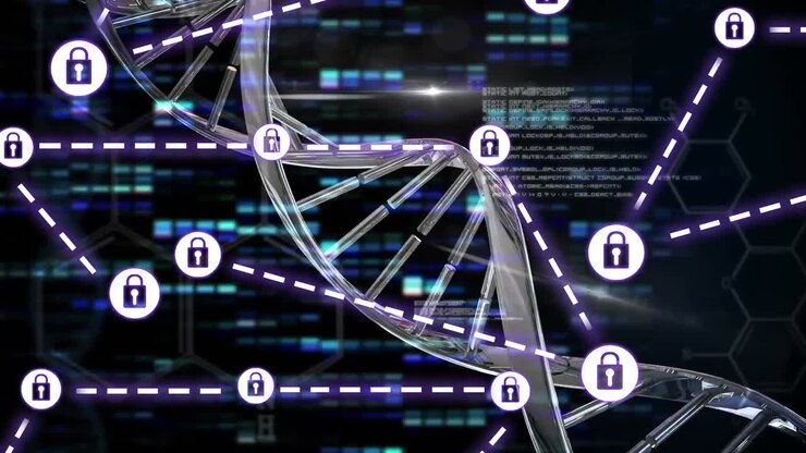 Animation of network of connections with padlock security icons over medical processing