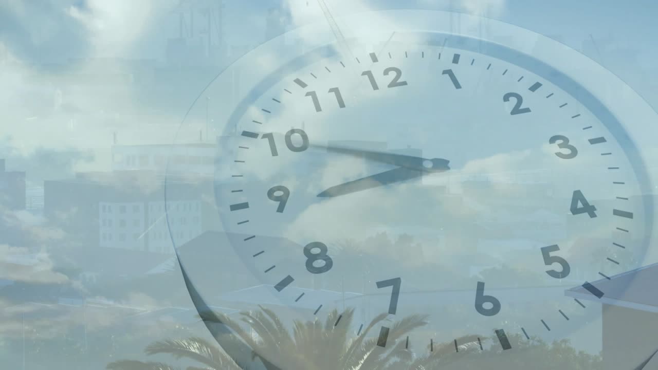See-through clock being triggered by cloud drift, hands advancing clockwise to show passing time
