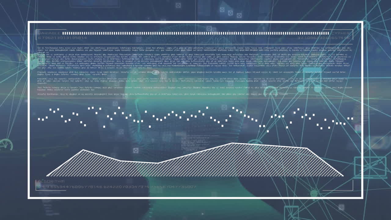 어두운 배경에서 인간의 머리 위에서 데이터 처리의 애니메이션
