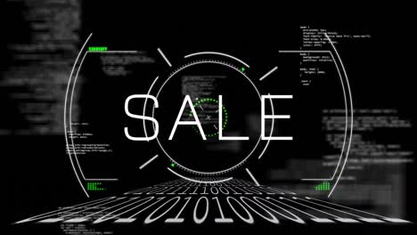 animation of sale text over scope scanning and data processing on black background
