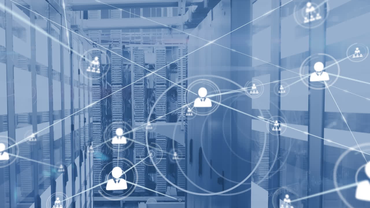 Animation of network of connections and data processing over computer servers