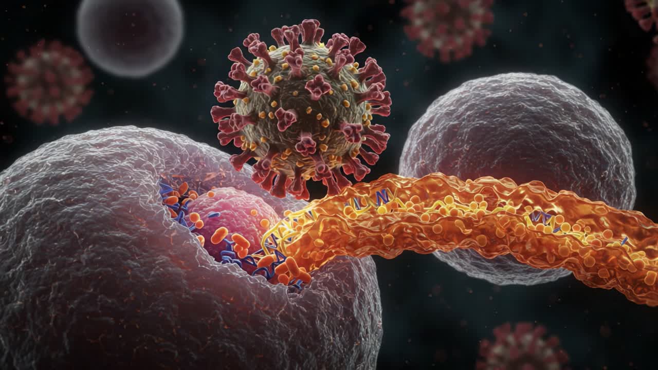 Detailed Visualization of Viral Interaction with Host Cells, Illustrating the Mechanism of Viral Entry and Replication at the Cellular Level in a Scientific Context