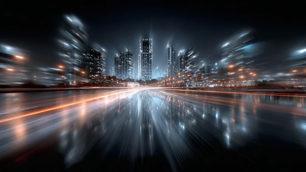 Eine atemberaubende nächtliche Stadtlandschaft mit Reflexionen und Lichtspuren von Fahrzeugen auf einer nassen Straße mit verschwommener Skyline von hohen, von Stadtlichtern beleuchteten Gebäuden