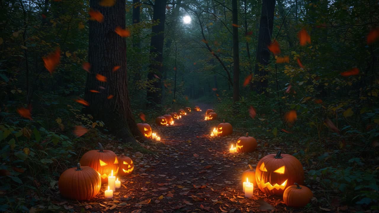 A Mysterious Halloween Pathway Illuminated by Glowing Jack-o'-Lanterns and Flickering Candles, Surrounded by Autumn Leaves and Shadows of a Murky Forest