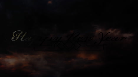 animation of glowing gold happy new year text with fireworks over orange clouds in the background