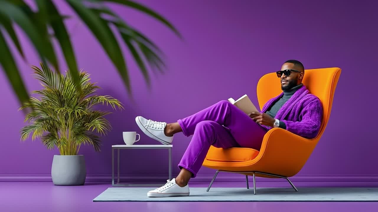 A man sitting in an orange chair reading a book