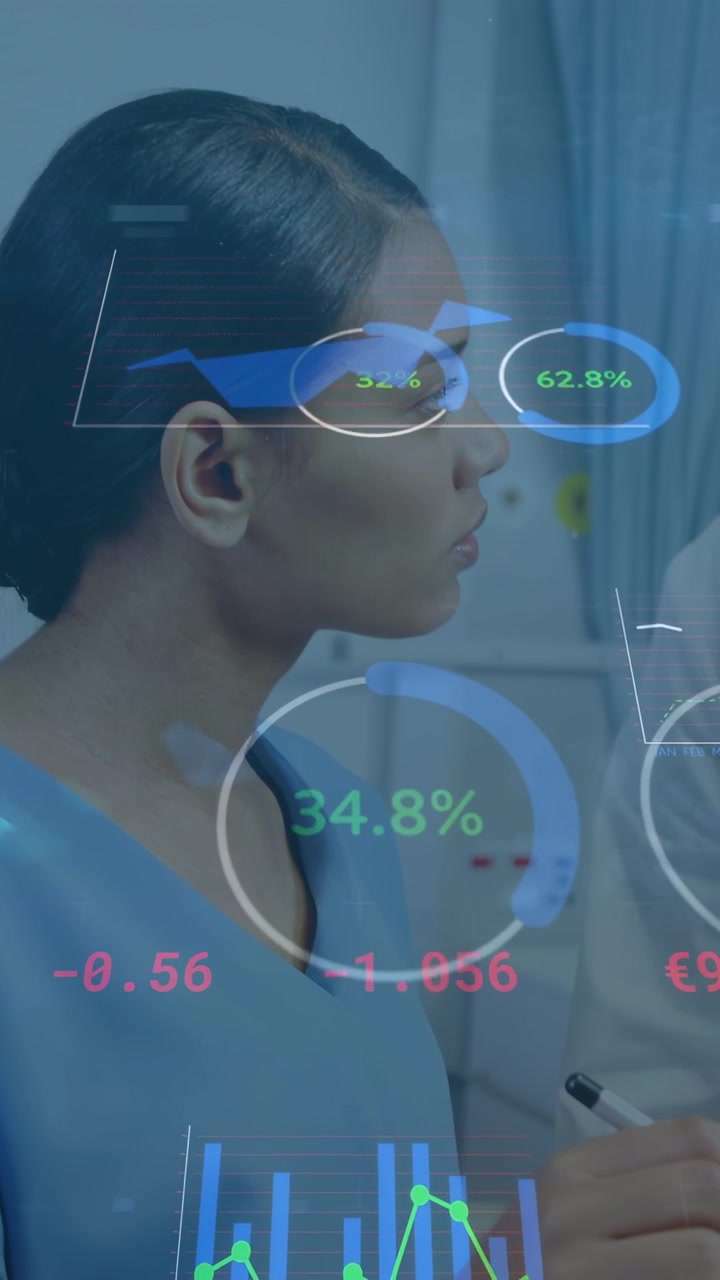 Vertical video: Clinician turning head in clinic, HUD charts shifting and guiding note writing