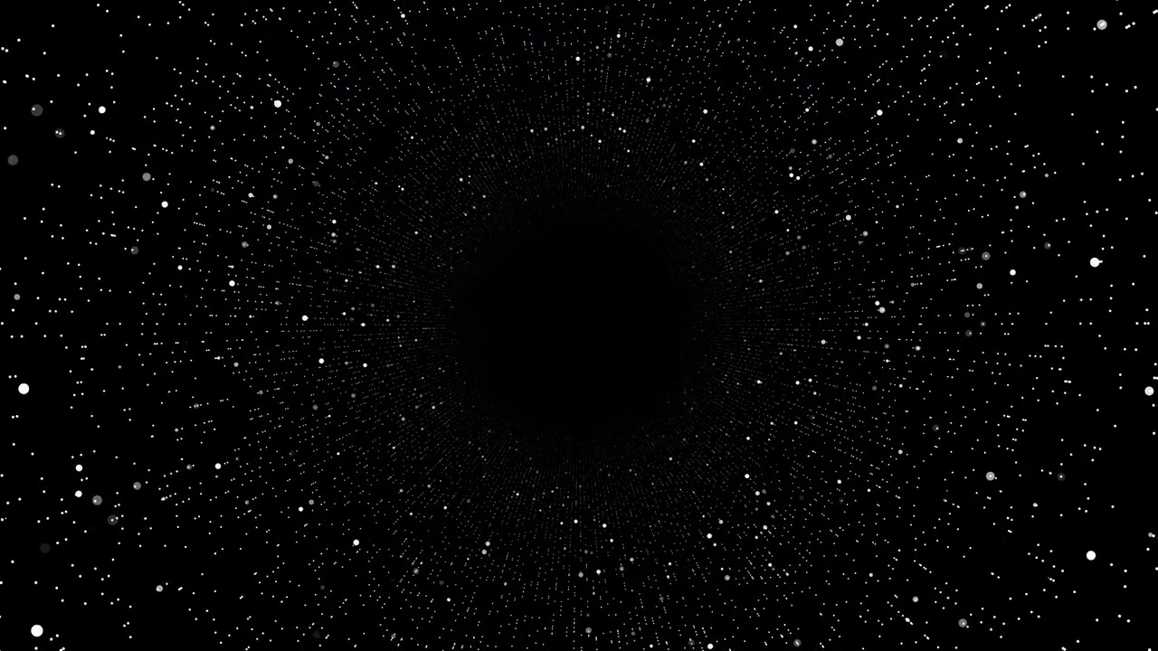 Black white particle tunnel dotted star field central void radial depth monochrome digital motion