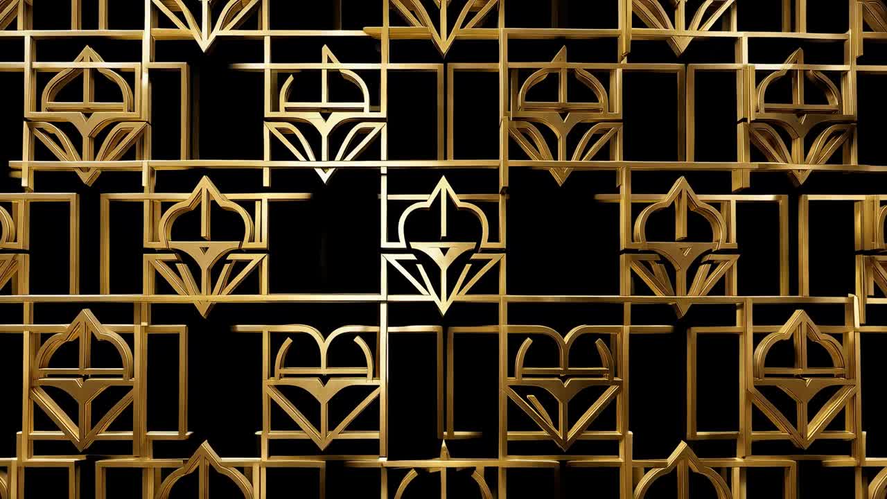 Animation starting, gold lattice shifting cells, forming black voids, glints on black set for decor