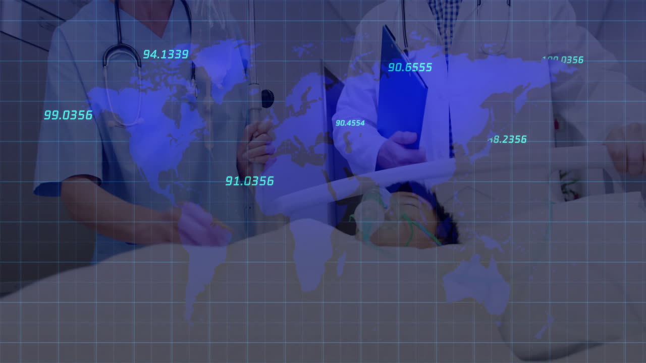 hospital team monitoring patient with oxygen mask while world map grid overlay displaying data