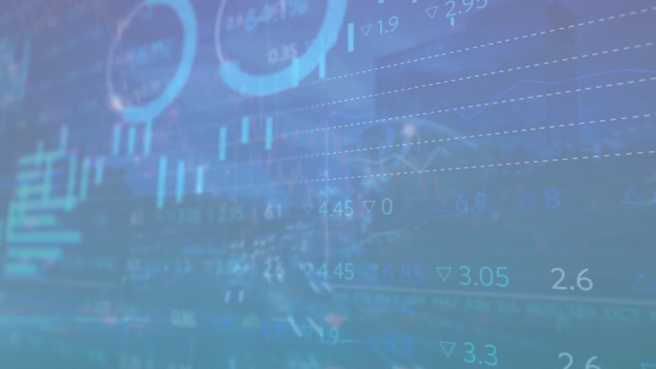 animación de múltiples gráficos y tablero de negociación sobre vehículos en la calle contra edificios