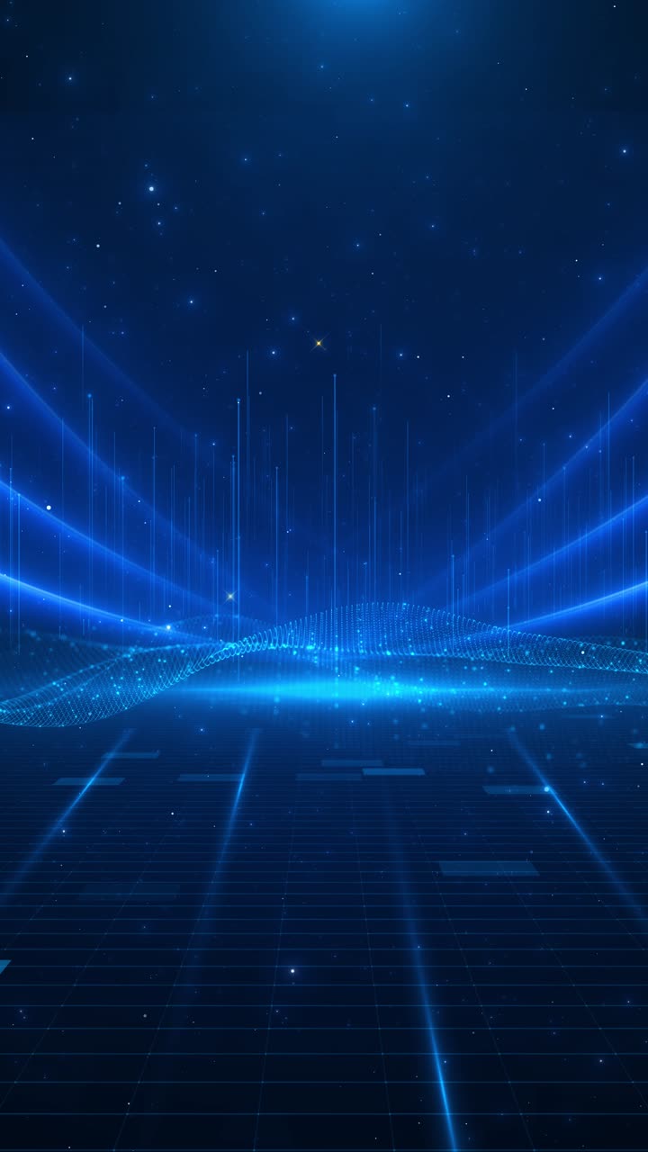Grafica in movimento di una matrice di dati blu, griglie hi-tech, linea digitale e tecnologia di griglia con HUD futuristico