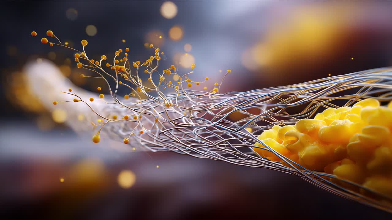 An intricate exploration of cellular structures showcases a dynamic interplay of yellow globules and delicate filaments, highlighting the beauty and complexity of microscopic life forms