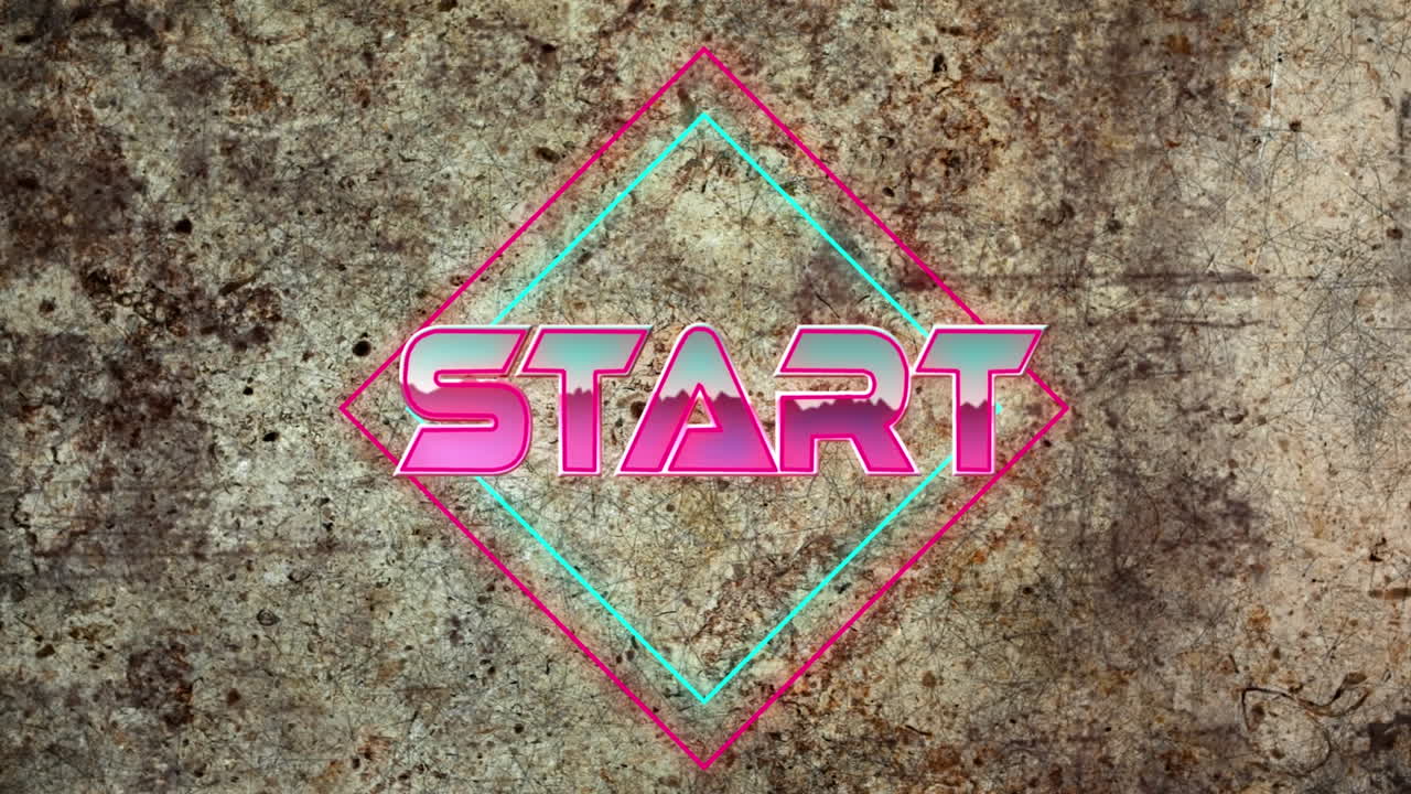 animación del texto de inicio cibernético sobre formas geométricas en fondo oscuro