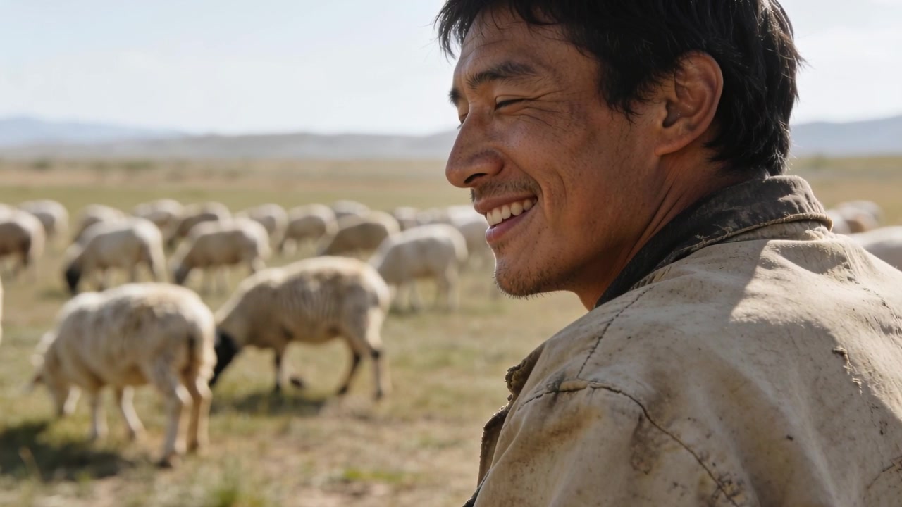 Telecamera che inquadra un pastore in giacca che gira la testa sorridendo mentre osserva il gregge pascolare nel campo, spazio per il testo