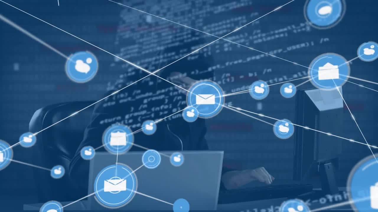 animación de mensajes conectados y íconos de burbujas de voz, hacker informático caucásico usando computadora