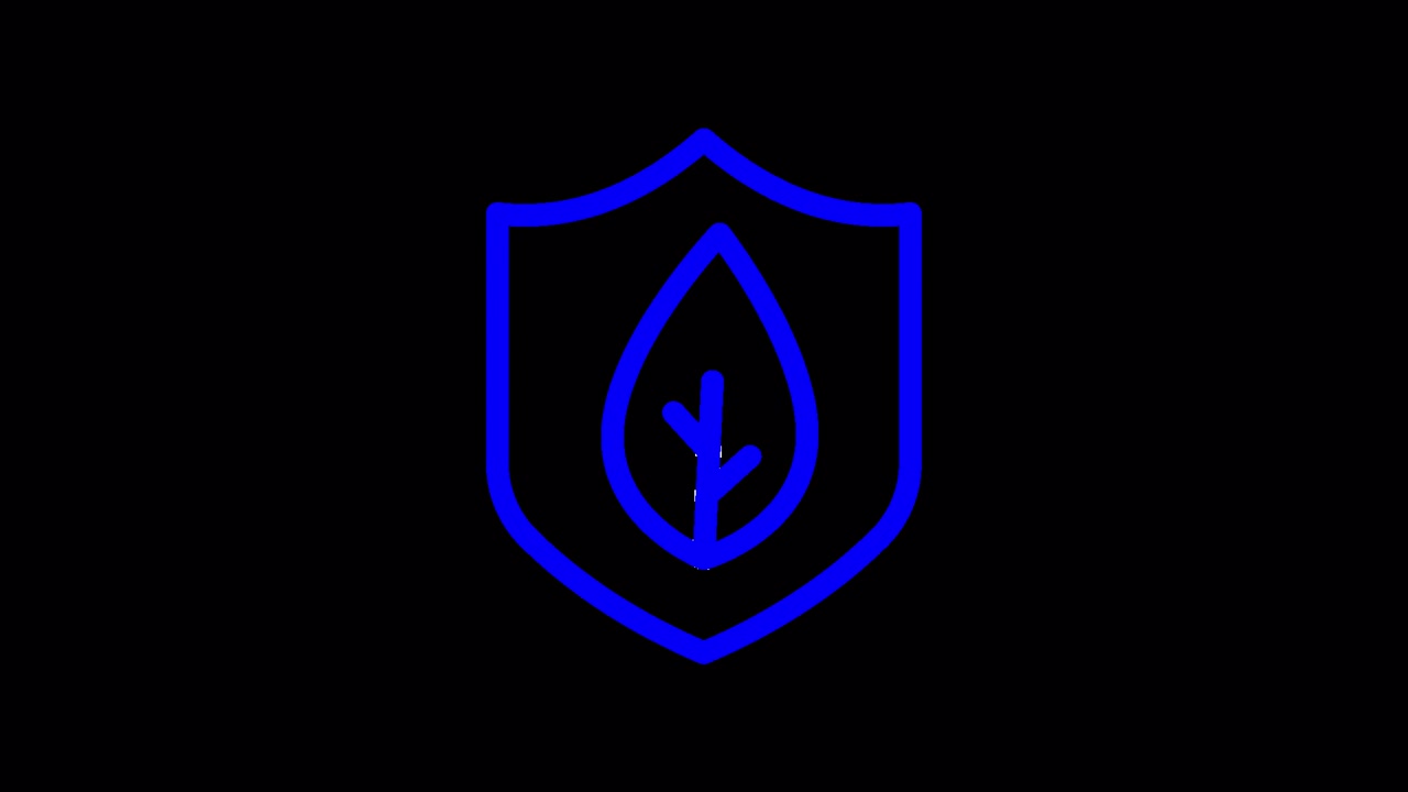 Blue Neon Shield Icon with Leaf Symbol on Black Background