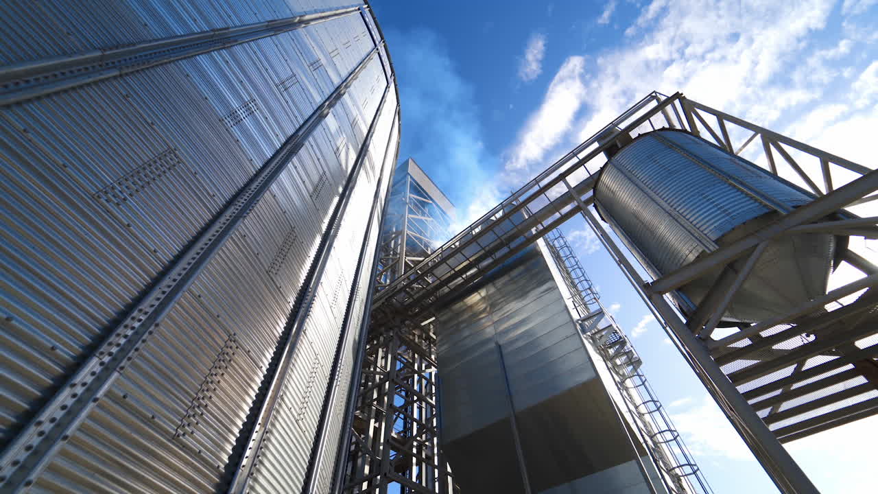 Silver grain elevator in sunny weather. Metal construction of a large industrial plant. Granary for storage and processing agricultural products. Close-up.