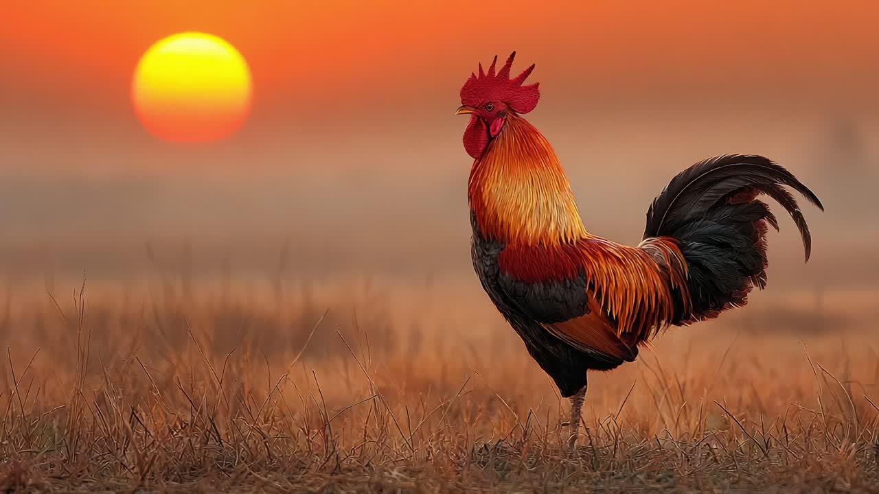Gallo vivace sagomato contro un'alba mozzafiato, che cattura la bellezza della natura con colori ricchi e un'atmosfera serena nella luce del mattino presto