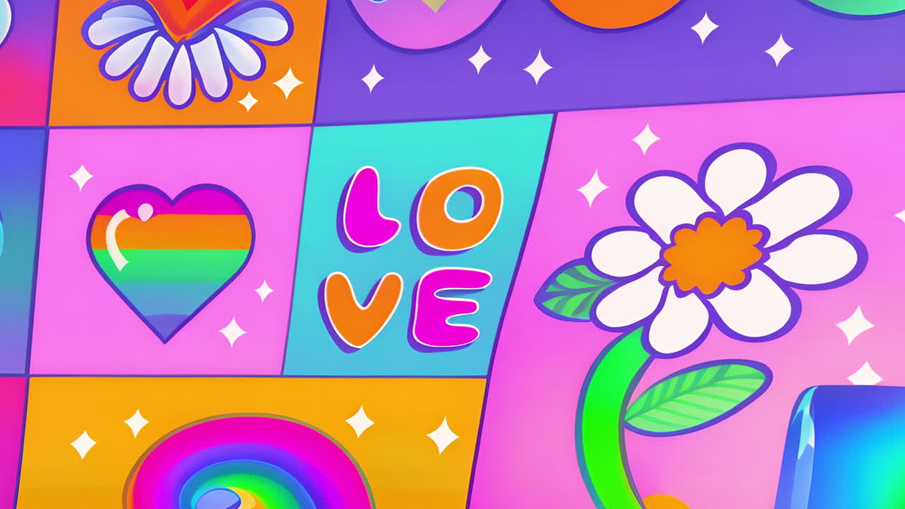 amor colorido y animación de flores con corazones y estrellas en un fondo vibrante