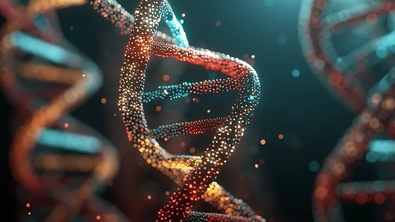 Rappresentazione colorata di filamenti di DNA in una visualizzazione futuristica