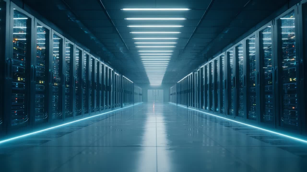 A High-Tech Data Center Corridor Featuring Rows of Server Racks Illuminated by LED Lights, Creating a Modern and Sleek Atmosphere for Advanced Computing Solutions