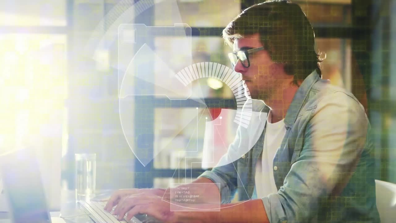 animación del procesamiento de datos digitales sobre el hombre de negocios en la oficina