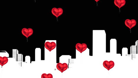 digital animation of red heart shaped balloons over silhouette of a city against black background