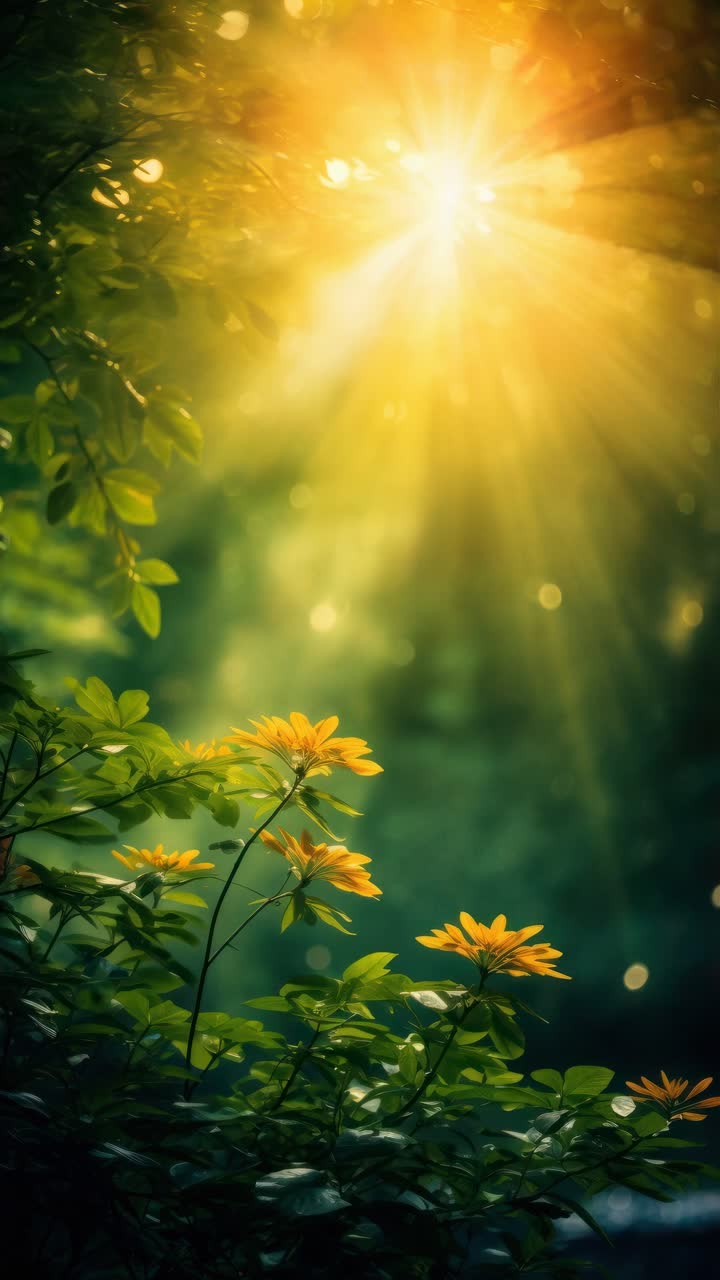 Sunlit flowers with a warm glow, captured from a low angle, creating a serene, dreamy atmosphere