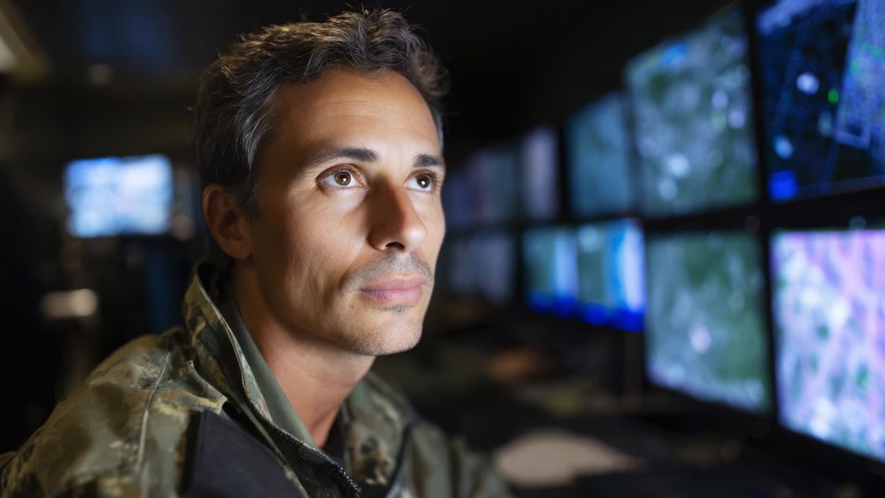 A focused military personnel monitors multiple screens displaying critical data in a high-tech operations center, showcasing the importance of situational awareness during strategic missions