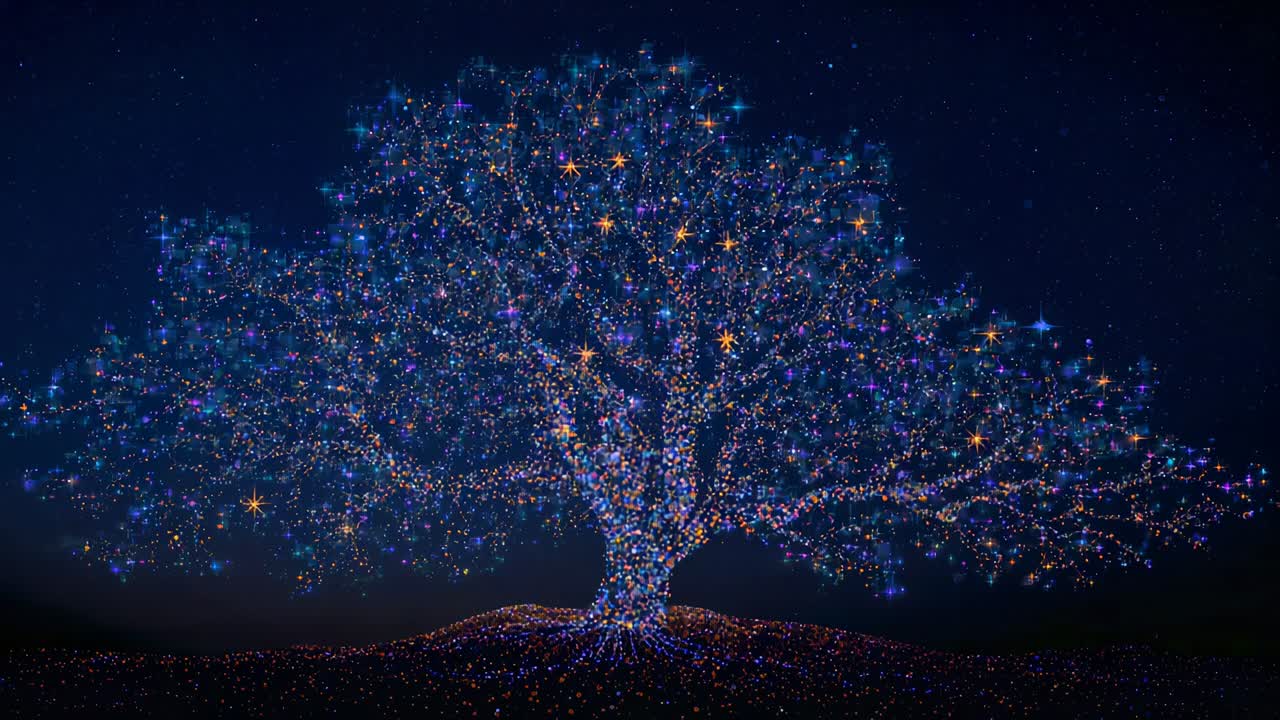 Lights starting ornate tree emitting twinkling under night sky on lit mound showing gold stars