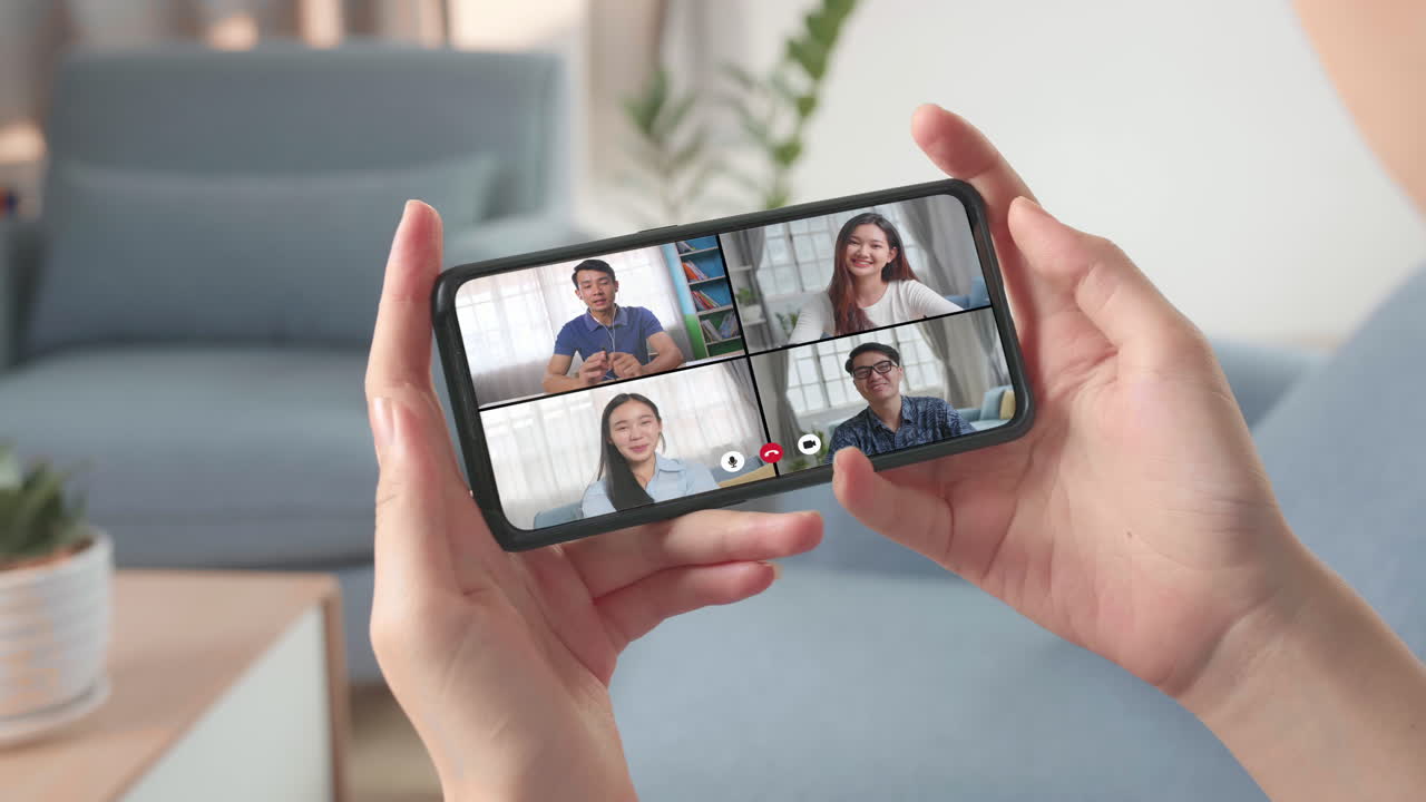 Team Working By Group Video Call Share Ideas Brainstorming Negotiating Use Video Conference, Mobile Screen View Four Multi Asian Young People