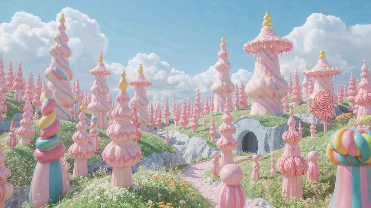 A whimsical candy land fantasy landscape with pastel-colored trees and sugary structures under a bright sky