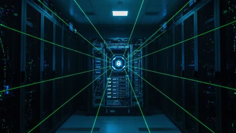 futuristic data center with laser-like light beams illustrating server connectivity and high-tech network architecture in an advanced computing environment