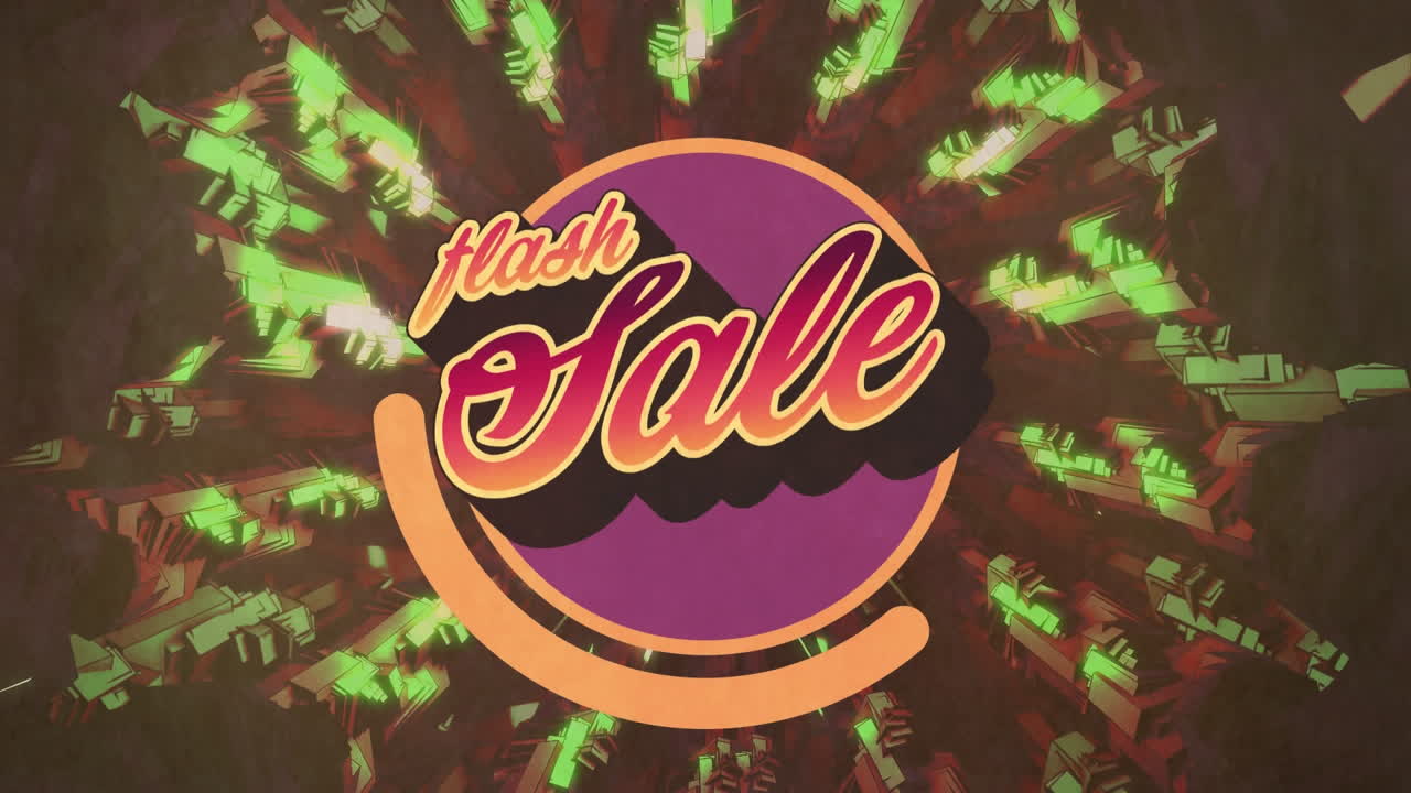 플래시 판매 텍스트의 애니메이션은 다채로운 추상적인 모양이 변합니다.