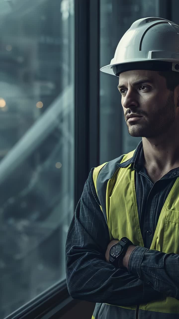 Video verticale: uomo con cappello e gilet giallo che valuta la nebbia che sale alla finestra, spazio per la copia