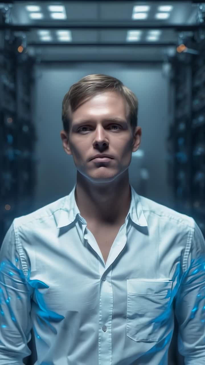 Vertical video: Sleeves glowing, intensifying man lifting chin in server room with pulsing lights