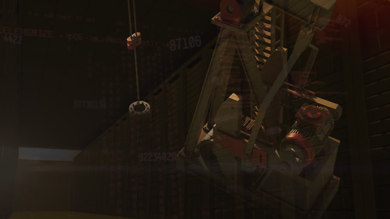 animación del procesamiento de datos sobre el mecanismo de una máquina de trabajo contra el cielo al atardecer