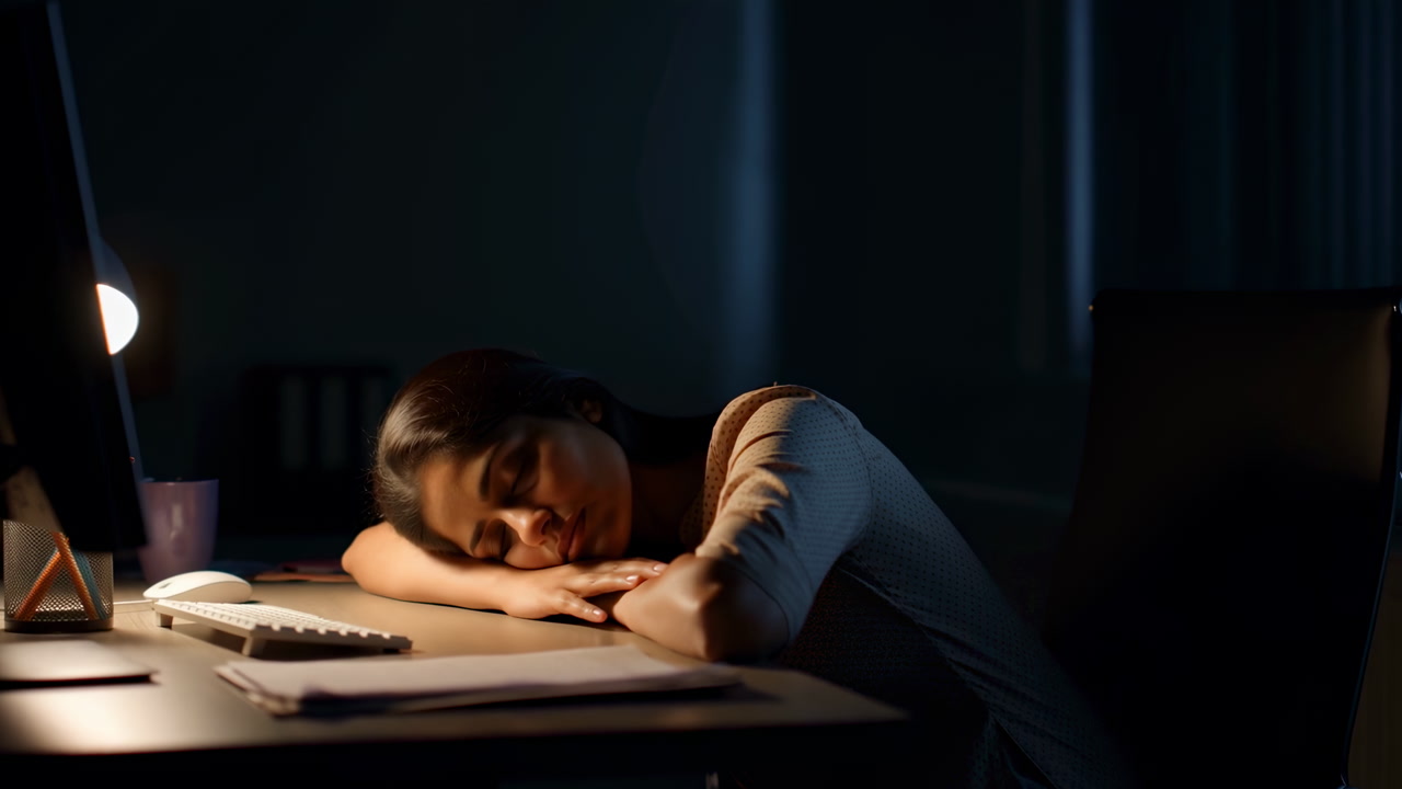 Night Young Woman Asleep At Desk Under Warm Desk Lamp Beside Laptop And Documents, Lateshift Analyst