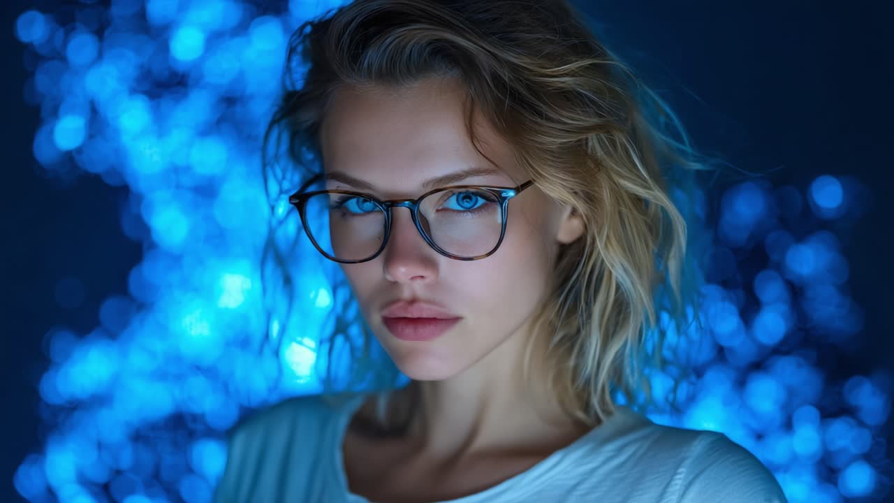 Captivating Portrait of a Young Woman with Glasses in an Enchanting Blue Light Setting, Emphasizing Her Striking Features and Expressions with a Dreamy Background