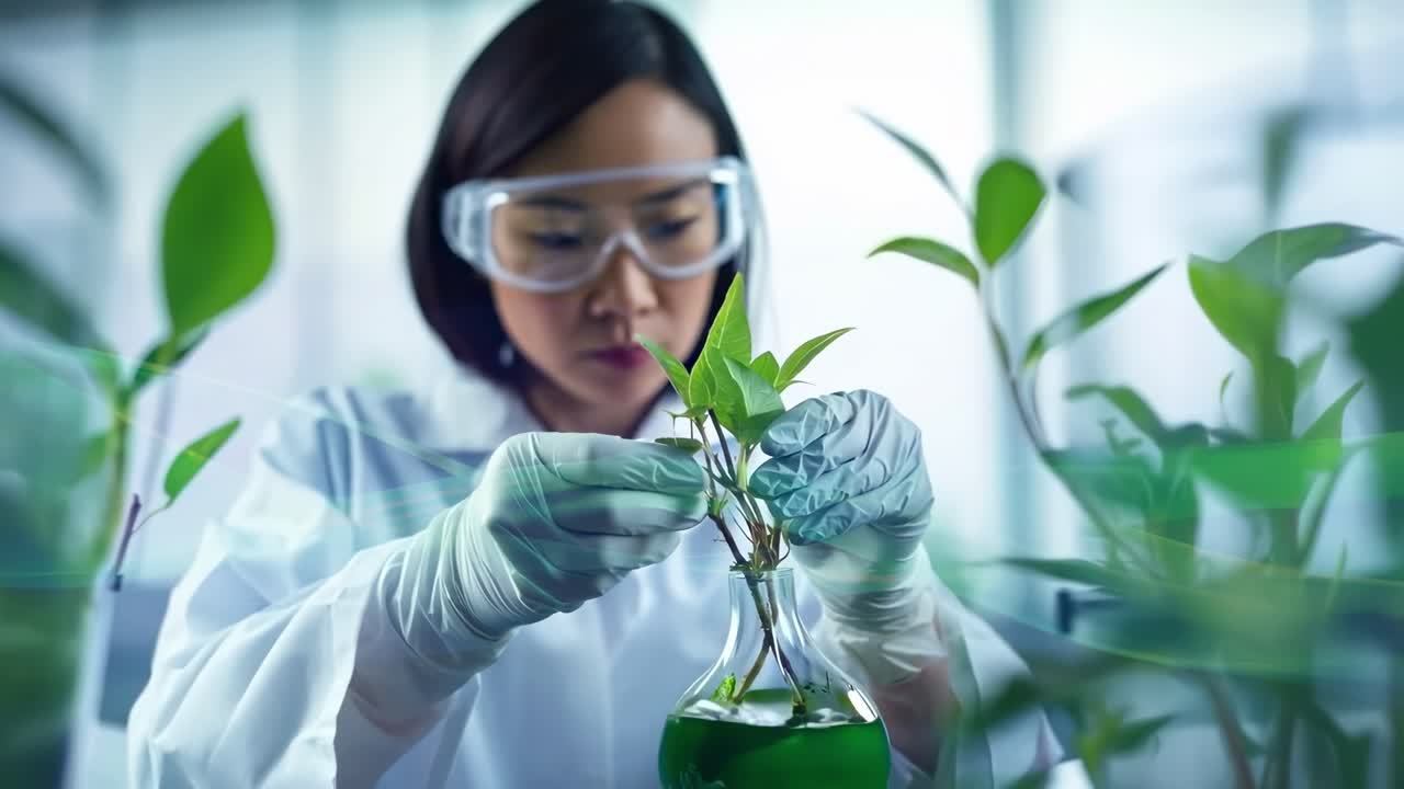 Uno scienziato con camice da laboratorio e occhiali protettivi esamina piante in un laboratorio.