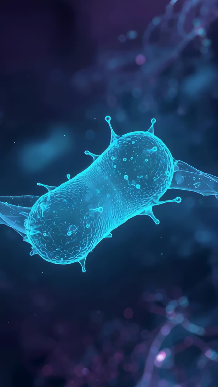 Video verticale: cella ciano rotante che fluttua al microscopio, che si illumina rivelando un pizzico, filamenti